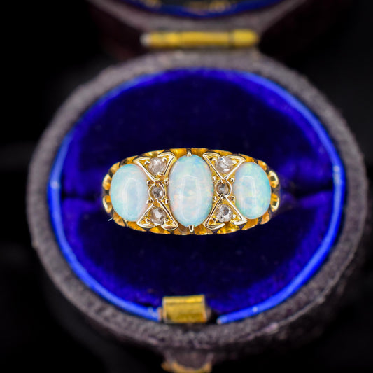 Antique Natural Opal and Diamond 18ct Yellow Gold Three Stone Ring
