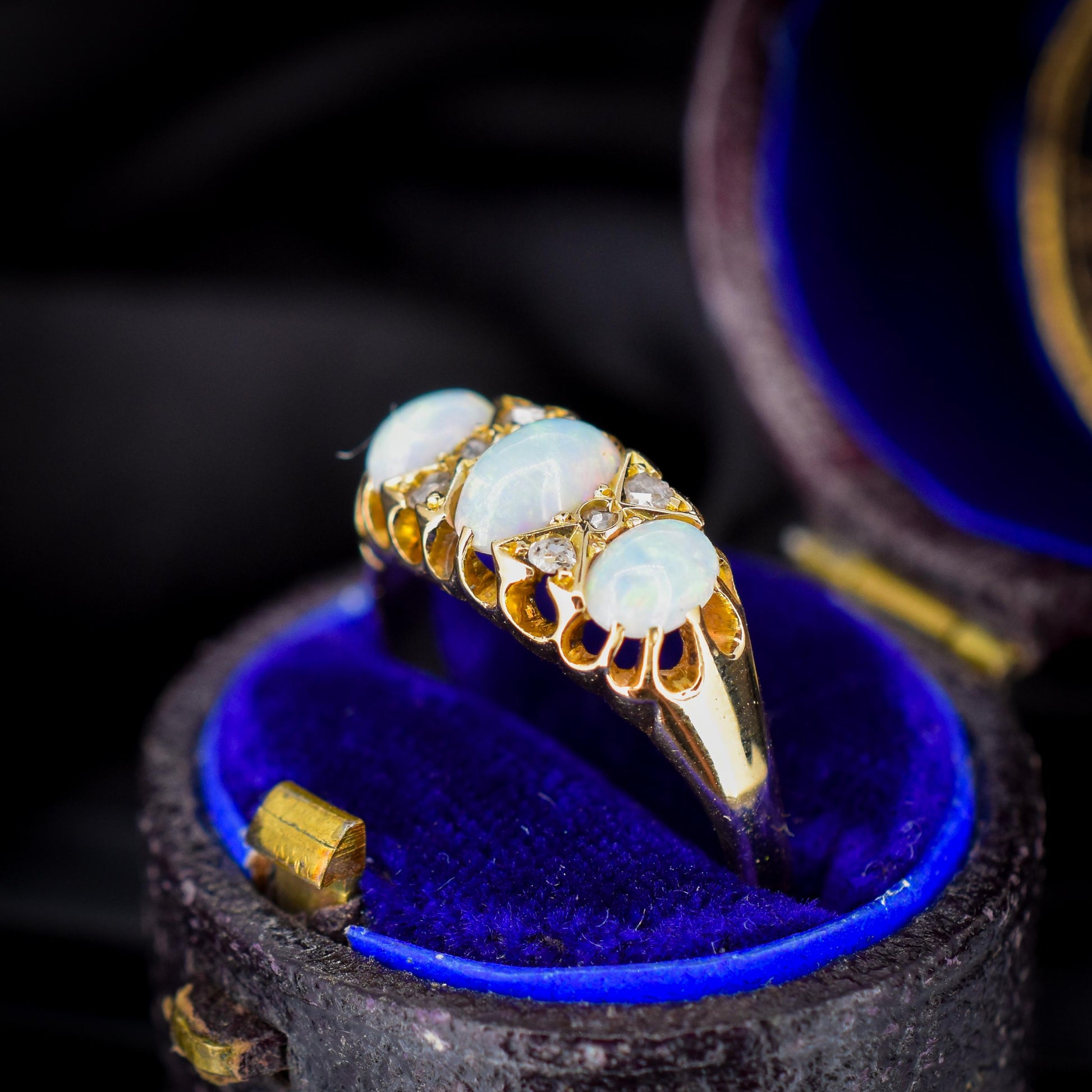 Antique Natural Opal and Diamond 18ct Yellow Gold Three Stone Ring