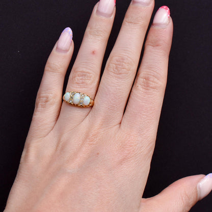 Antique Natural Opal and Diamond 18ct Yellow Gold Three Stone Ring