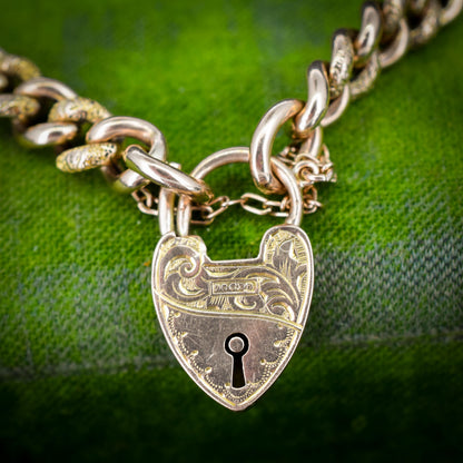 Antique Engraved Heart Padlock Fancy Curb 9ct Gold Bracelet