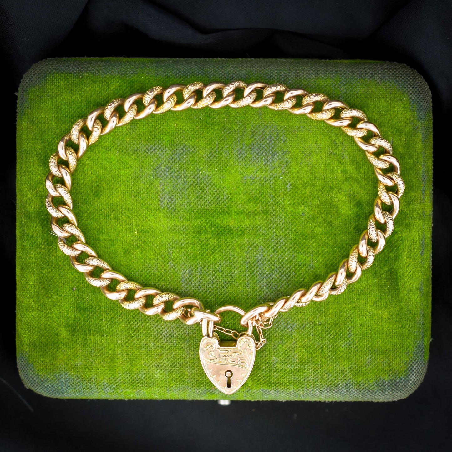 Antique Engraved Heart Padlock Fancy Curb 9ct Gold Bracelet