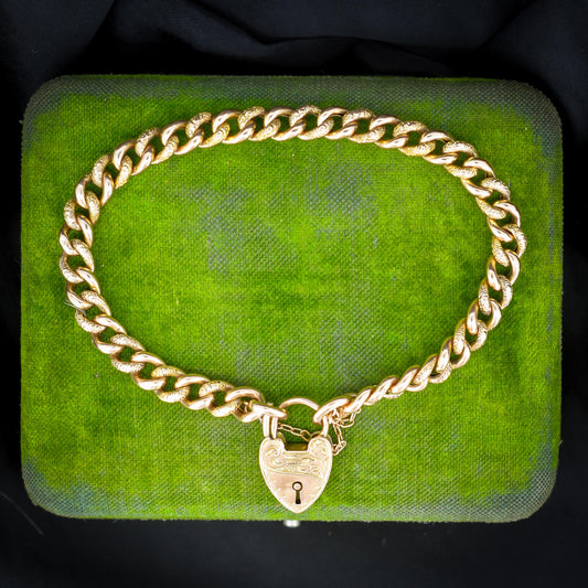 Antique Engraved Heart Padlock Fancy Curb 9ct Gold Bracelet