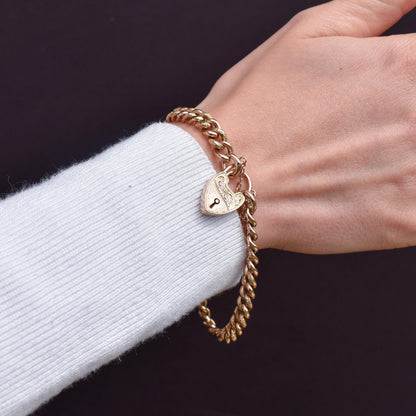 Antique Engraved Heart Padlock Fancy Curb 9ct Gold Bracelet
