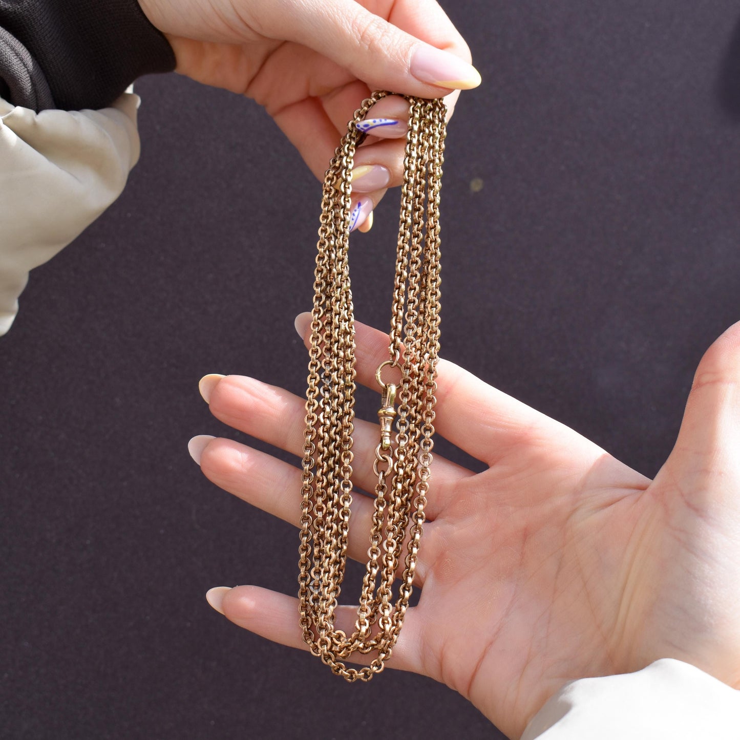 Antique 18ct Rolled Gold Rolo Link Guard Muff Chain Necklace with Dog Clip | 56"