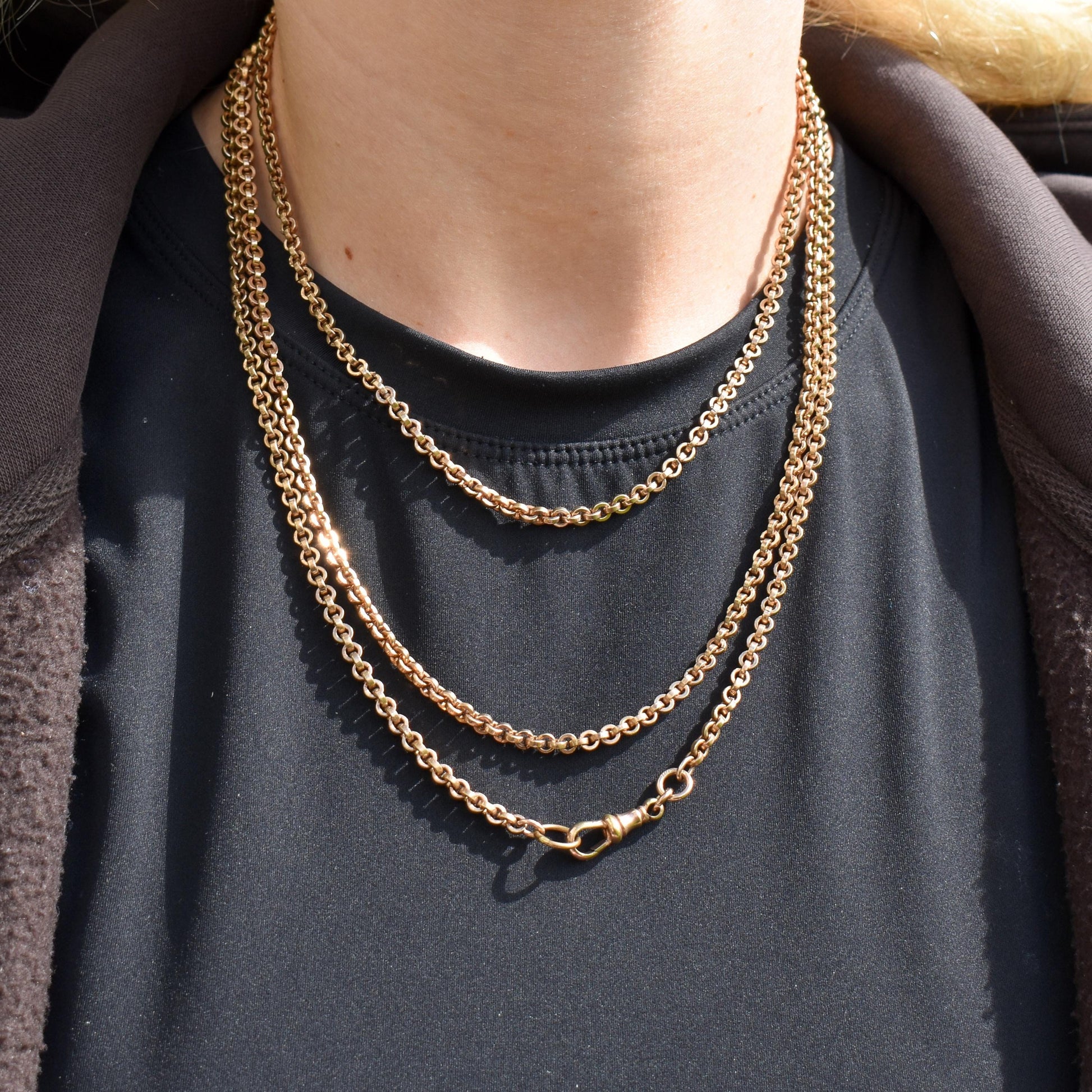 Antique 18ct Rolled Gold Rolo Link Guard Muff Chain Necklace with Dog Clip | 56"