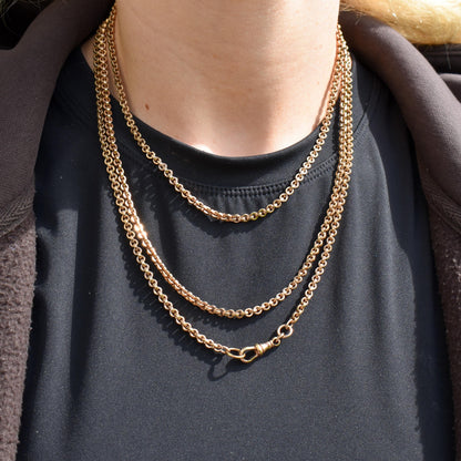 Antique 18ct Rolled Gold Rolo Link Guard Muff Chain Necklace with Dog Clip | 56"