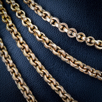 Antique 18ct Rolled Gold Rolo Link Guard Muff Chain Necklace with Dog Clip | 56"