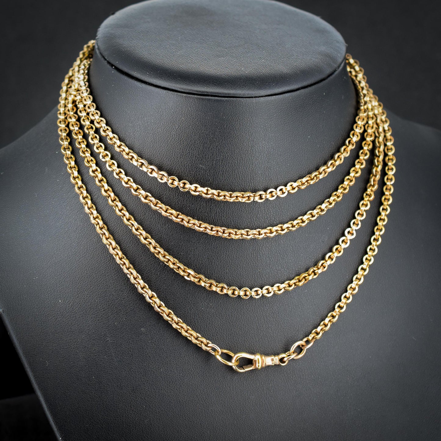 Antique 18ct Rolled Gold Rolo Link Guard Muff Chain Necklace with Dog Clip | 56"