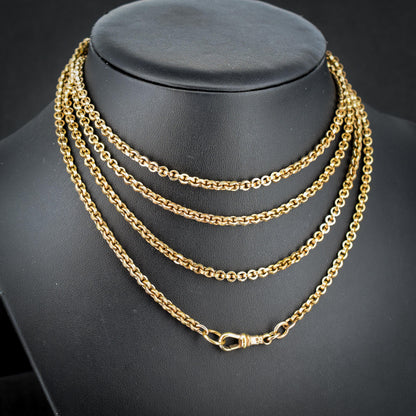 Antique 18ct Rolled Gold Rolo Link Guard Muff Chain Necklace with Dog Clip | 56"