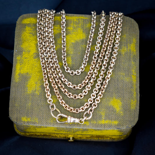 Antique 18ct Rolled Gold Rolo Link Guard Muff Chain Necklace with Dog Clip | 56"
