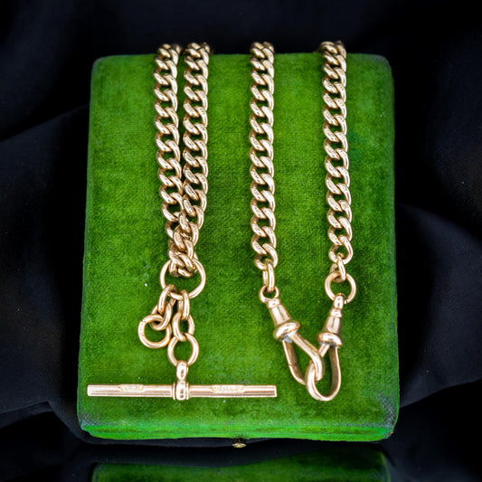 Art Deco 9ct Gold Curb Link Dog Clip Albert Watch Chain Necklace - 16"