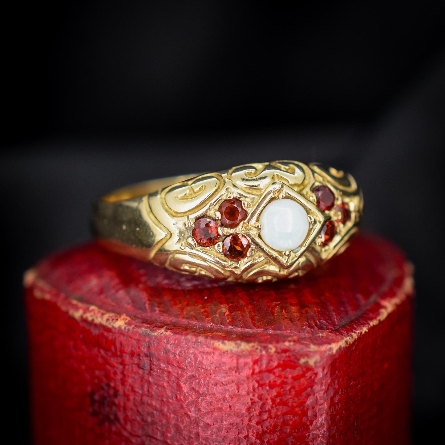 Vintage Natural Opal and Garnet 9ct Gold Scroll Boat Ring