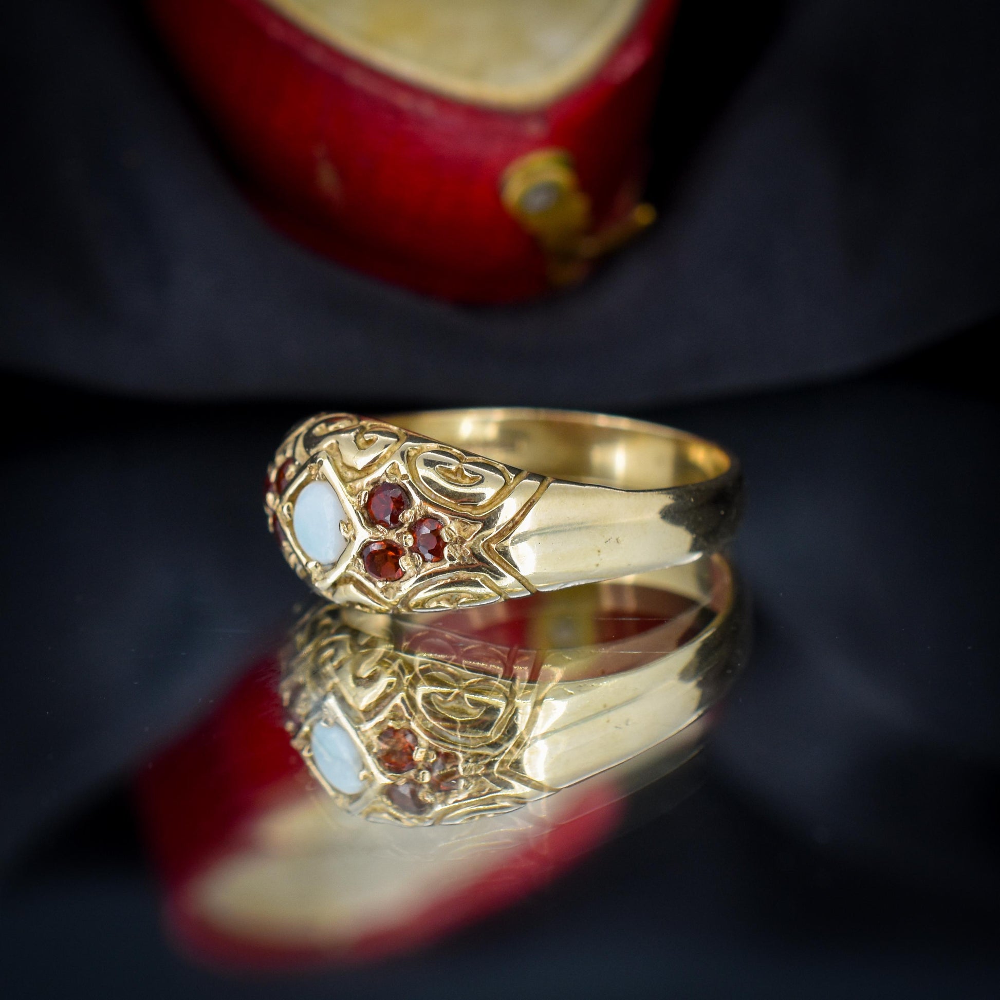 Vintage Natural Opal and Garnet 9ct Gold Scroll Boat Ring