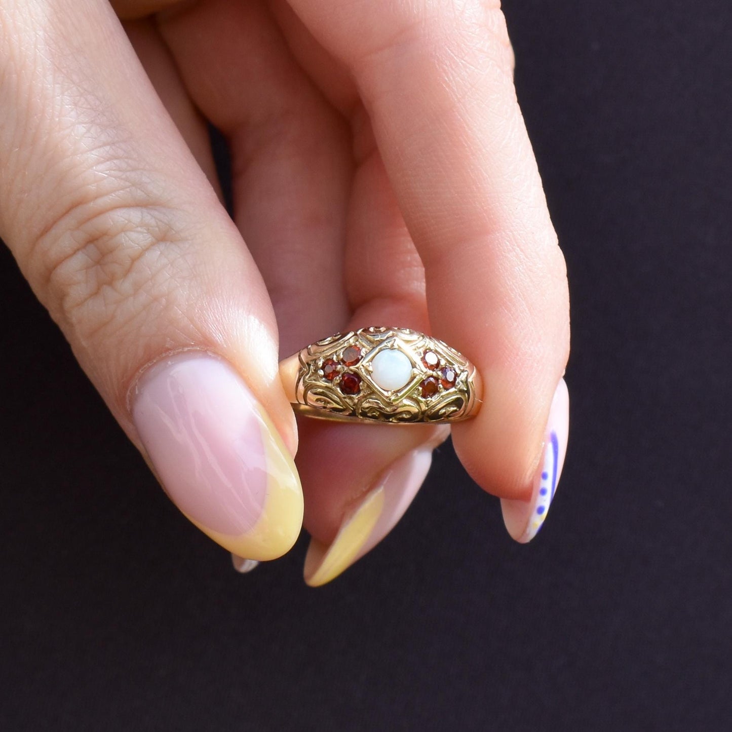 Vintage Natural Opal and Garnet 9ct Gold Scroll Boat Ring