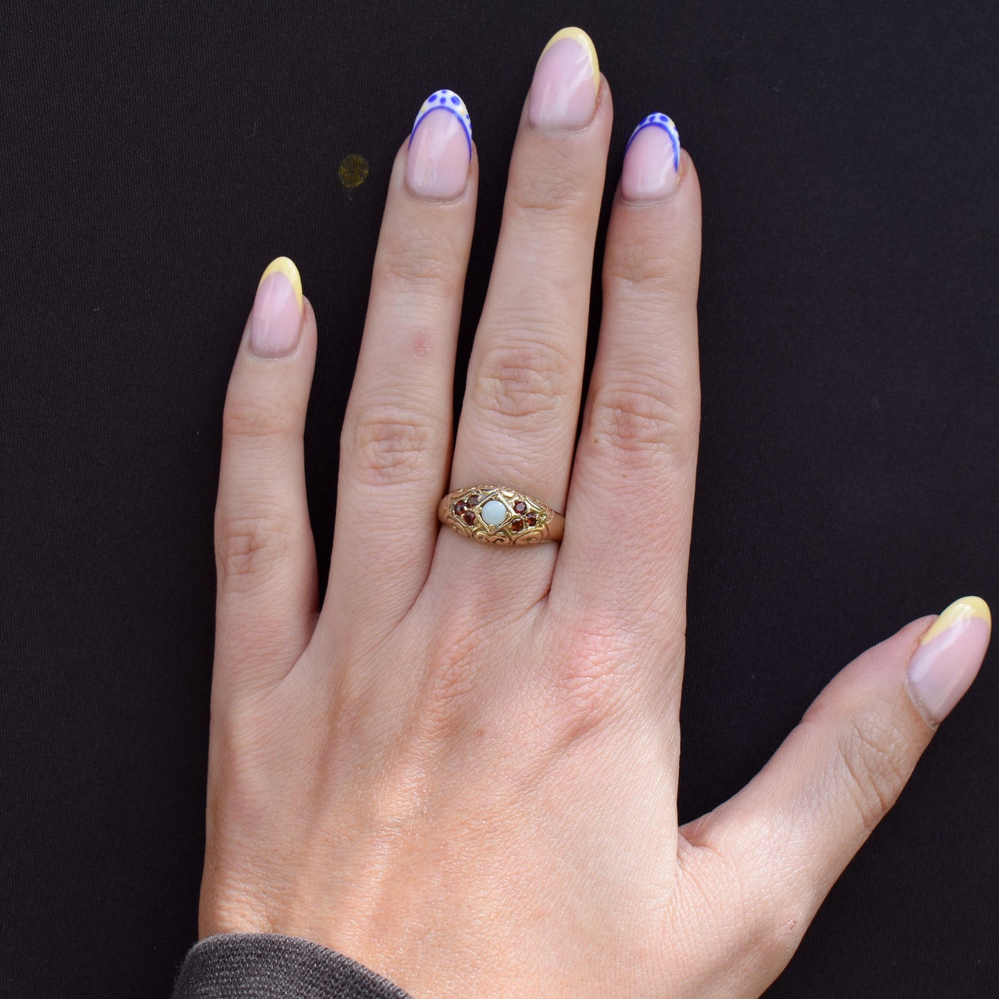 Vintage Natural Opal and Garnet 9ct Gold Scroll Boat Ring