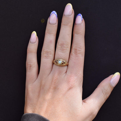 Vintage Natural Opal and Garnet 9ct Gold Scroll Boat Ring