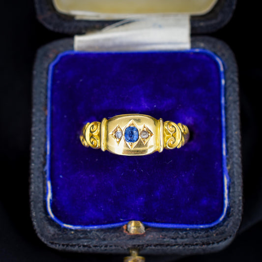 Antique Sapphire and Diamond Starburst Gypsy 18ct Yellow Gold Ring - Chester