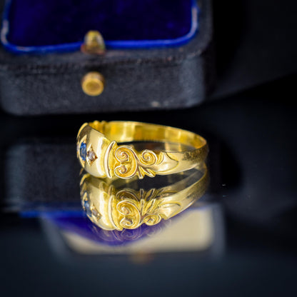 Antique Sapphire and Diamond Starburst Gypsy 18ct Yellow Gold Ring - Chester