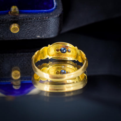 Antique Sapphire and Diamond Starburst Gypsy 18ct Yellow Gold Ring - Chester