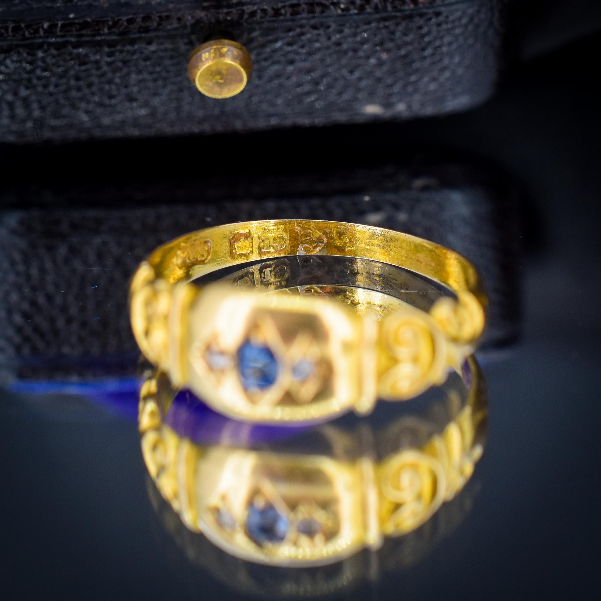 Antique Sapphire and Diamond Starburst Gypsy 18ct Yellow Gold Ring - Chester