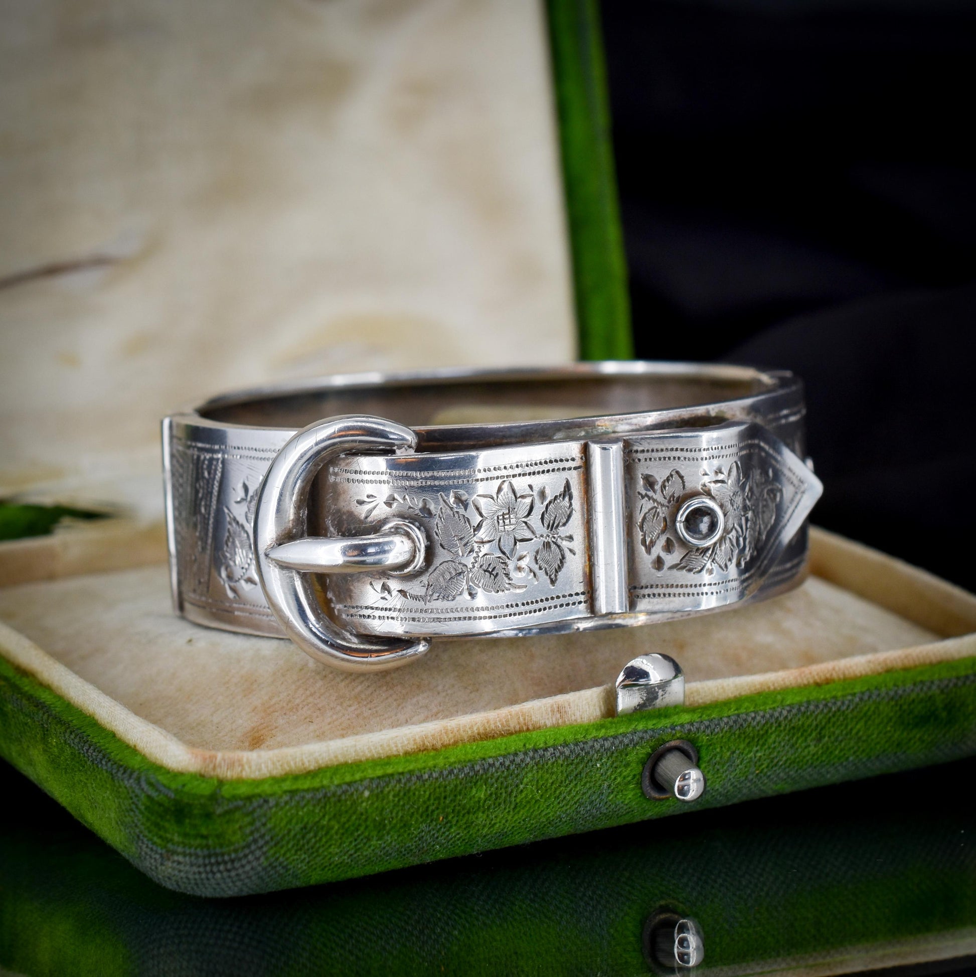 Antique Victorian Sterling Silver Buckle Ivy Leaf Bangle Bracelet | Dated 1886