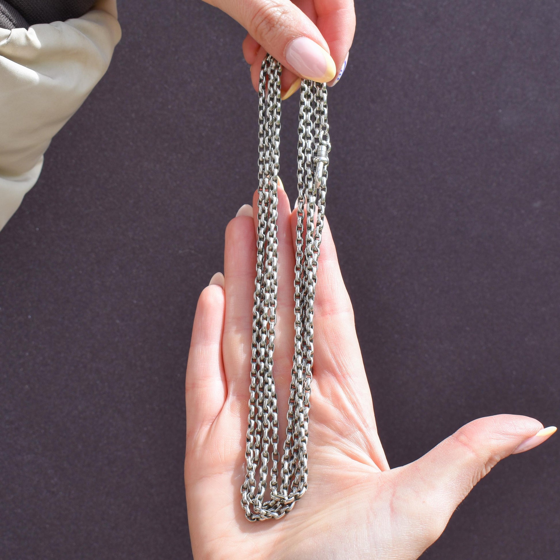 Antique Silver Long Guard Chain Necklace with Dog Clip | 59" Length