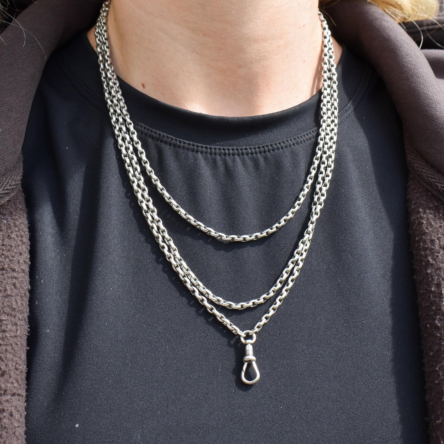 Antique Silver Long Guard Chain Necklace with Dog Clip | 59" Length