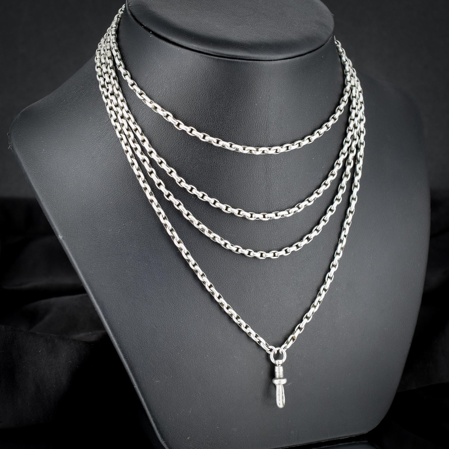 Antique Silver Long Guard Chain Necklace with Dog Clip | 59" Length