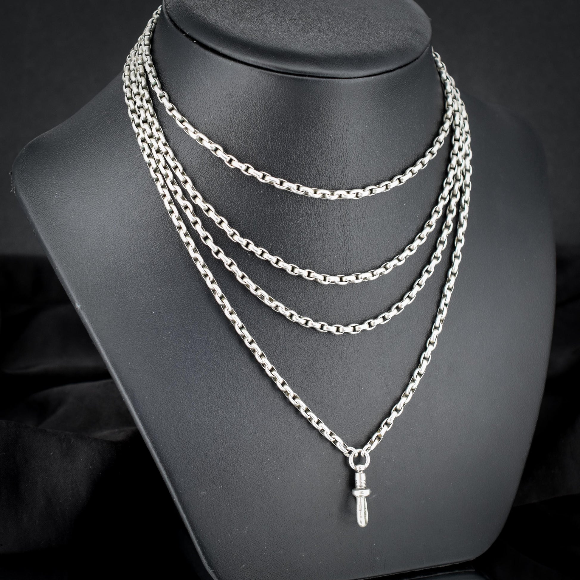 Antique Silver Long Guard Chain Necklace with Dog Clip | 59" Length