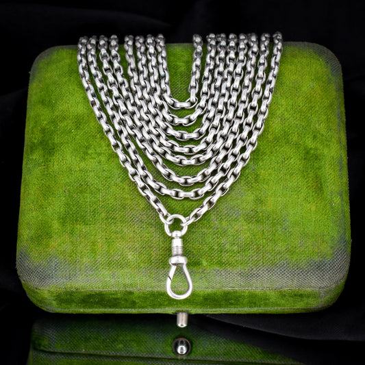 Antique Silver Long Guard Chain Necklace with Dog Clip | 59" Length