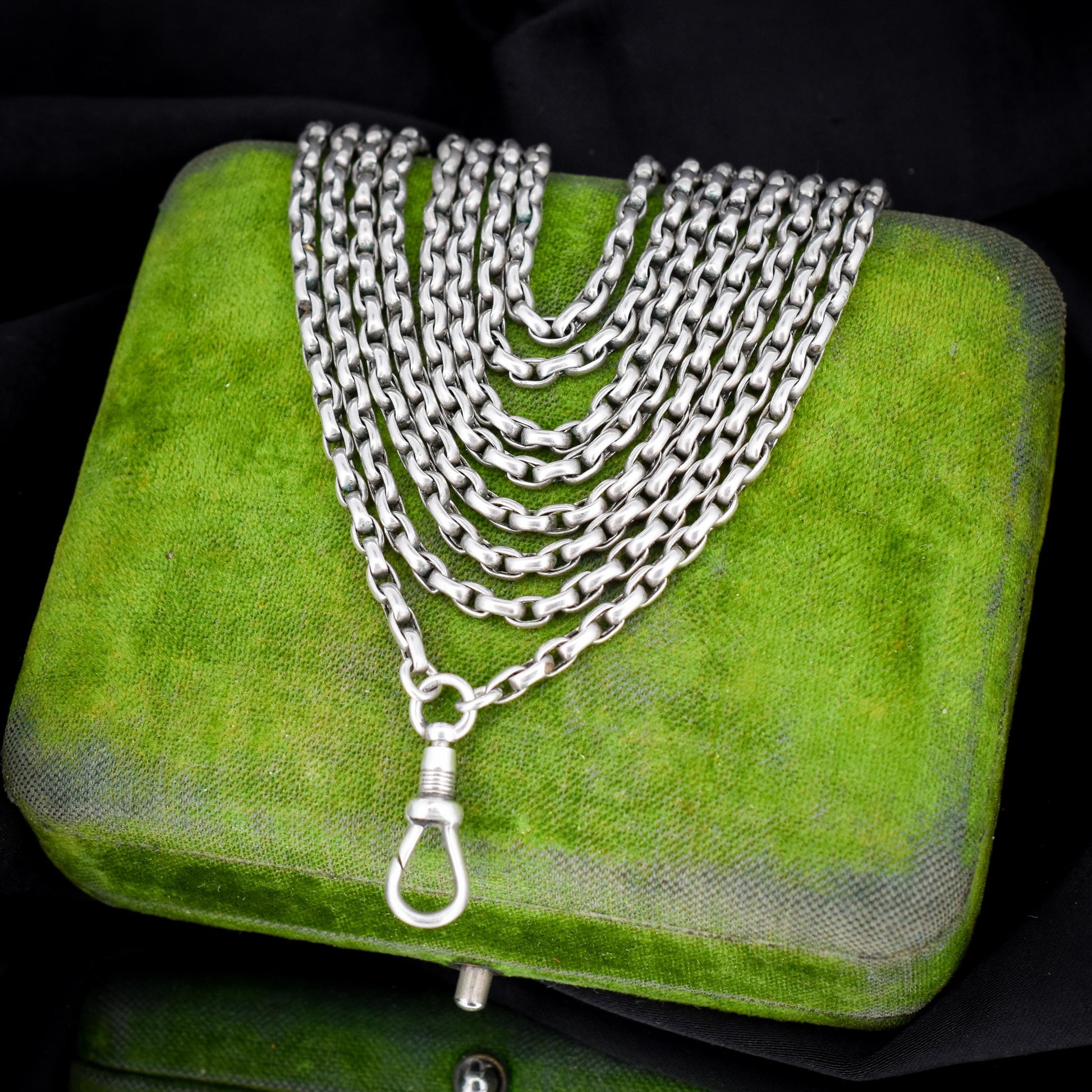 Antique Silver Long Guard Chain Necklace with Dog Clip | 59" Length