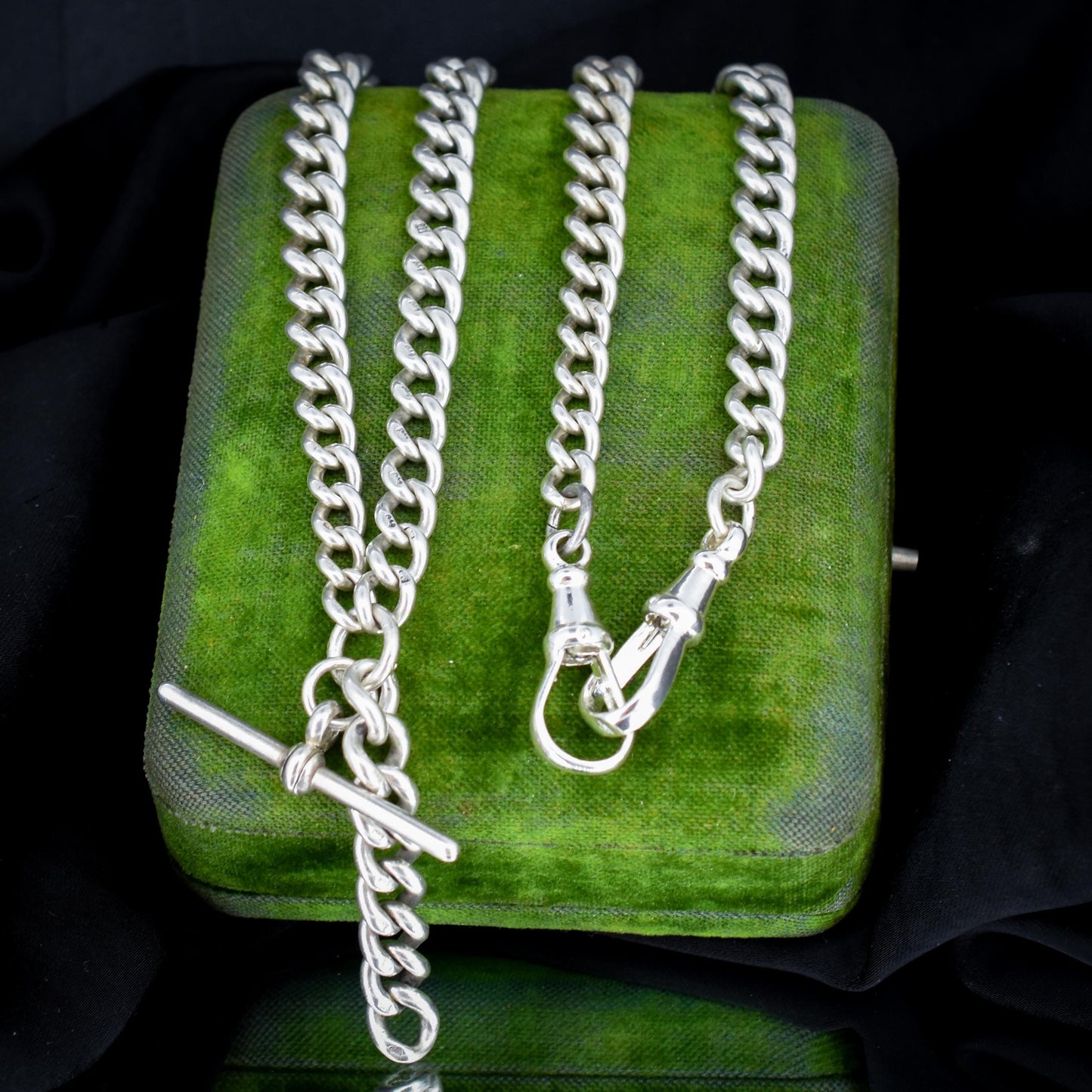 Antique 105g Heavy Albert Watch Chain Necklace with T-Bar and Dog Clips | 25"
