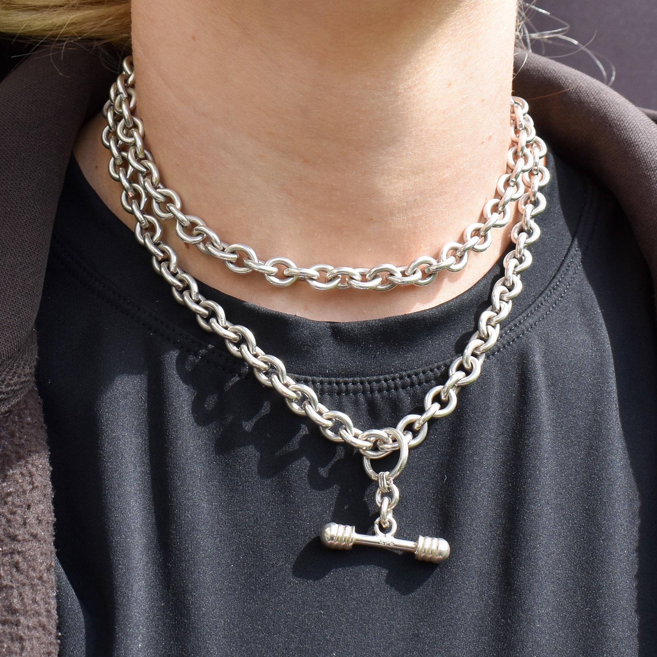 Vintage 107g Silver Oval Cable Link Chain Necklace with Sliding T