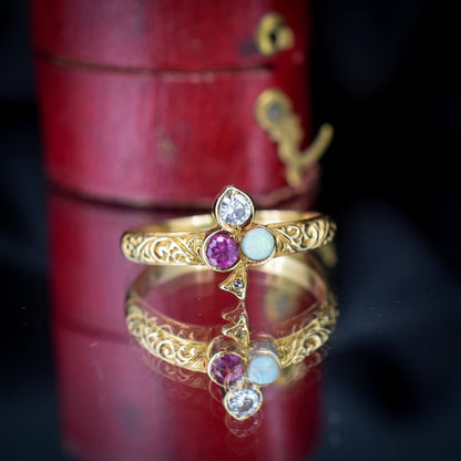 Vintage Ruby Opal and Diamond Clover Trefoil 18ct Gold Band Ring