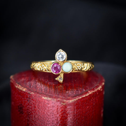 Vintage Ruby Opal and Diamond Clover Trefoil 18ct Gold Band Ring