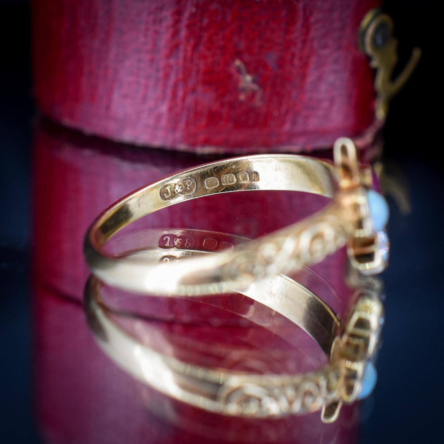 Vintage Ruby Opal and Diamond Clover Trefoil 18ct Gold Band Ring