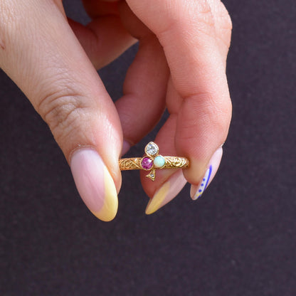 Vintage Ruby Opal and Diamond Clover Trefoil 18ct Gold Band Ring