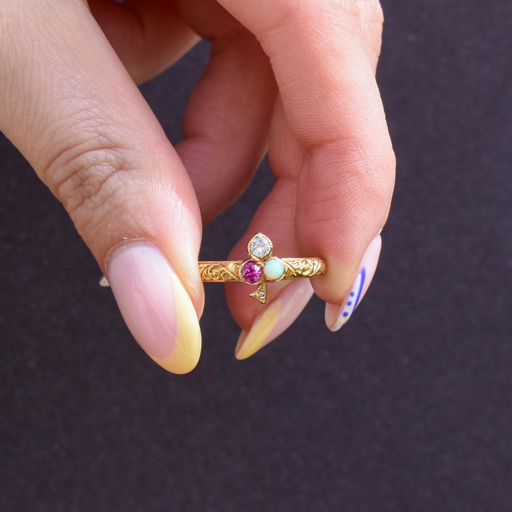 Vintage Ruby Opal and Diamond Clover Trefoil 18ct Gold Band Ring