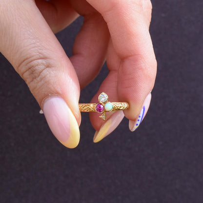 Vintage Ruby Opal and Diamond Clover Trefoil 18ct Gold Band Ring