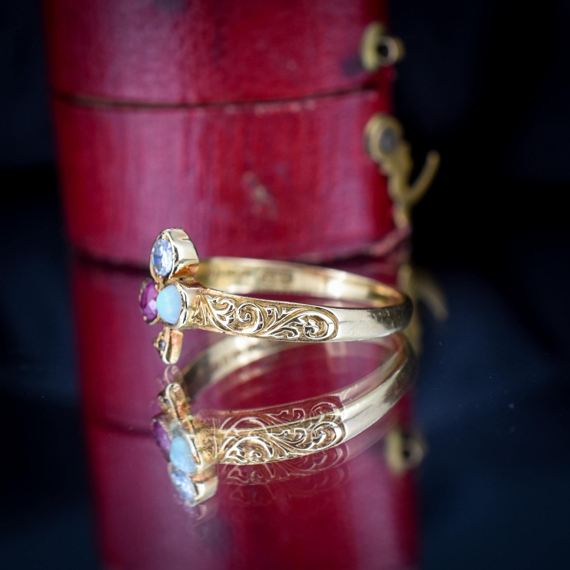 Vintage Ruby Opal and Diamond Clover Trefoil 18ct Gold Band Ring