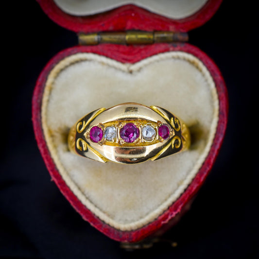 Antique Ruby and Diamond 18ct Yellow Gold Boat Ring | Chester 1908