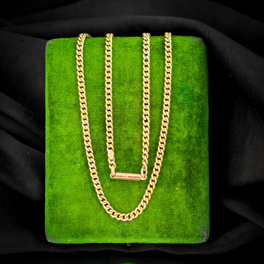 Antique 9ct Gold Flat Curb Link Chain Necklace with Barrel Clasp | 15.25"