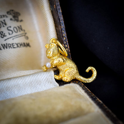 Vintage 9ct Yellow Gold 'Playful' Pearl Cat Charm | Dated 1966