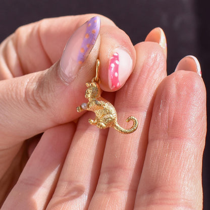Vintage 9ct Yellow Gold 'Playful' Pearl Cat Charm | Dated 1966