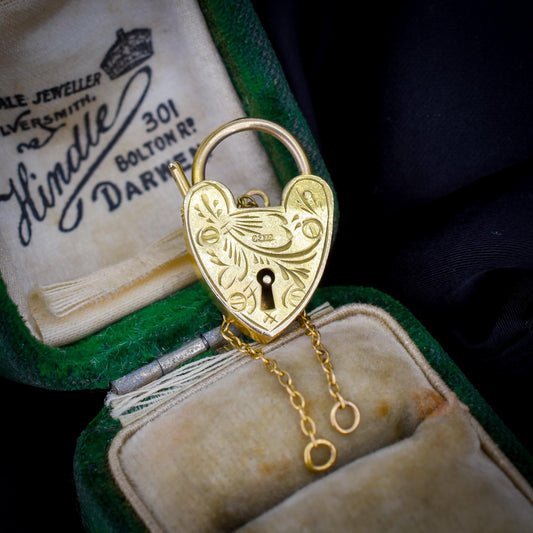 Vintage 9ct Yellow Gold Engraved Heart Padlock Charm Pendant