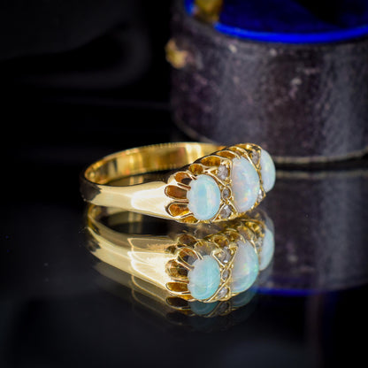Antique Natural Opal and Diamond 18ct Yellow Gold Three Stone Ring
