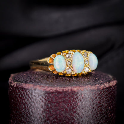 Antique Natural Opal and Diamond 18ct Yellow Gold Three Stone Ring