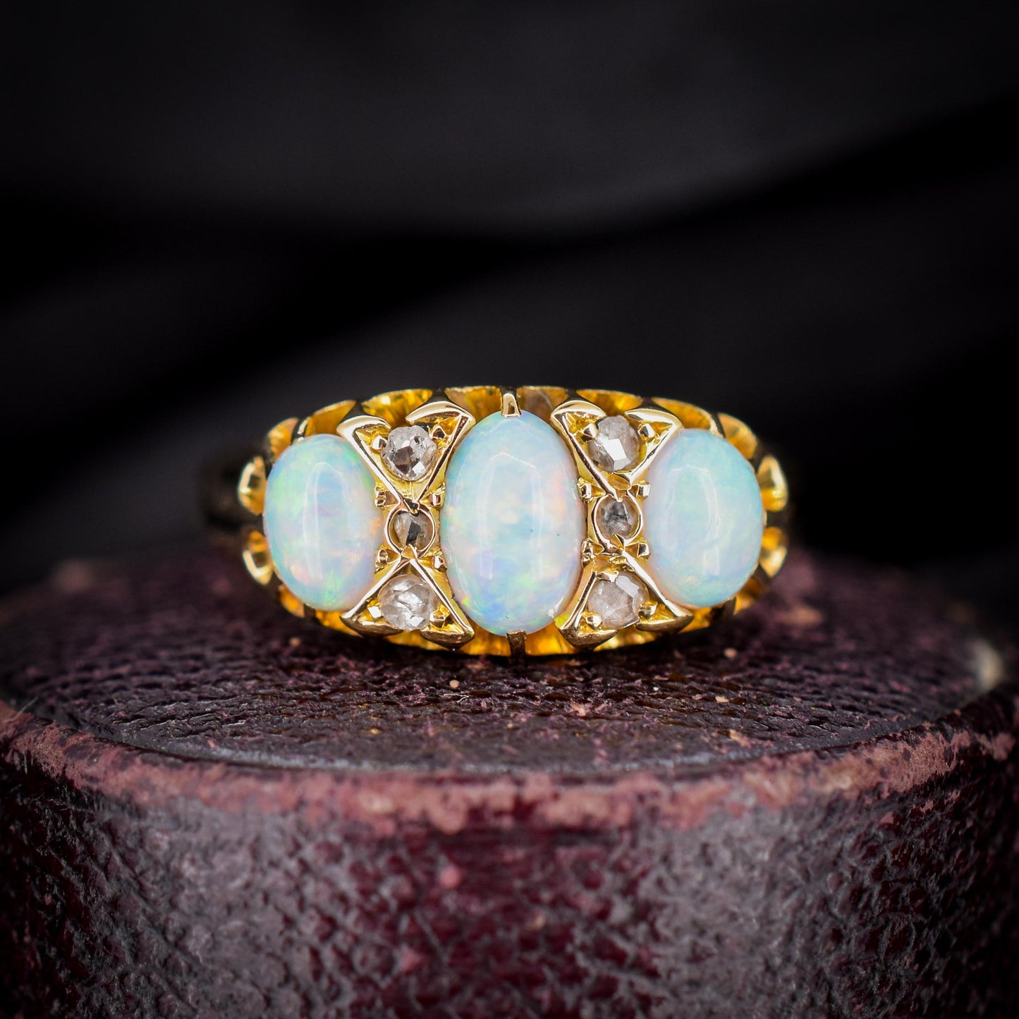 Antique Natural Opal and Diamond 18ct Yellow Gold Three Stone Ring