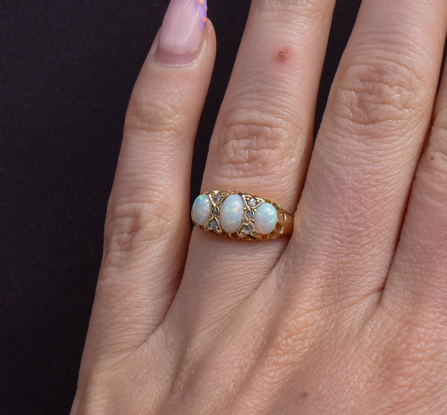 Antique Natural Opal and Diamond 18ct Yellow Gold Three Stone Ring
