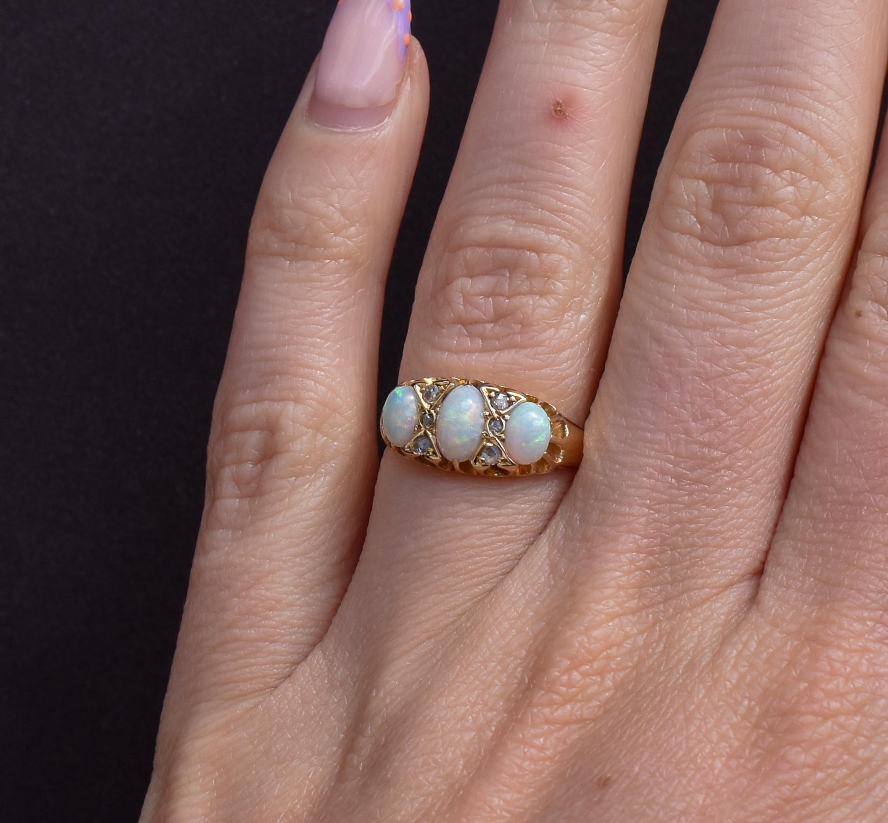 Antique Natural Opal and Diamond 18ct Yellow Gold Three Stone Ring